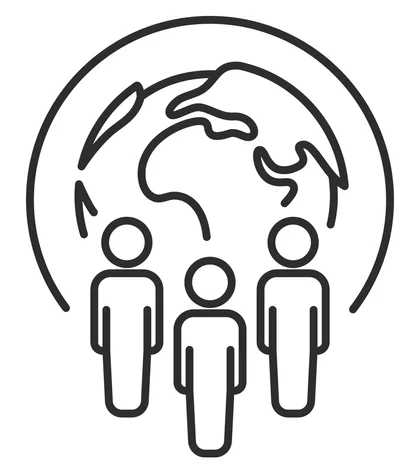 Black and white world with 3 gender neutral cartoon outline of people in front